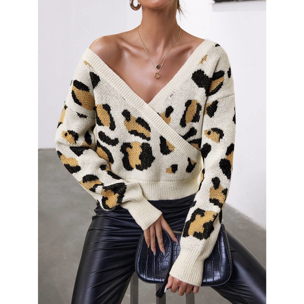 Faux wrap Leopard print v neck Overlap knit Sweater - Picture 2 of 5